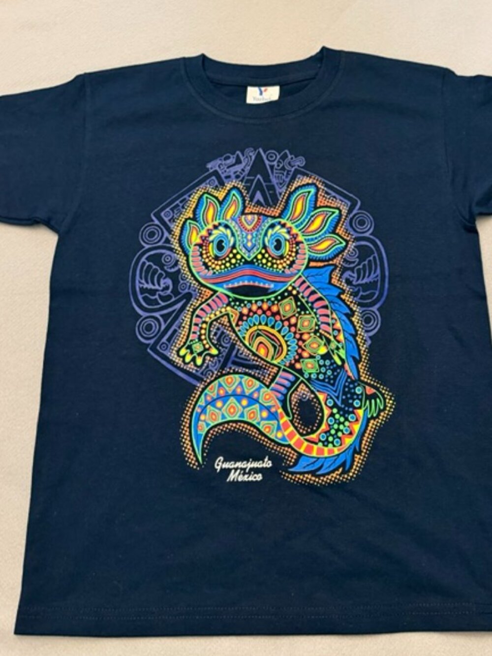 Kids T-shirt tee vibrant, multicolored Axolotl graphic Mexico Blue Kids. NWOT